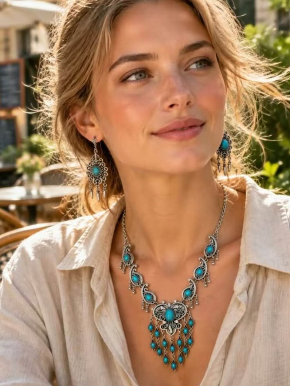 WOMEN's Western Wear Silver-Tone Turquoise Jewelry Set